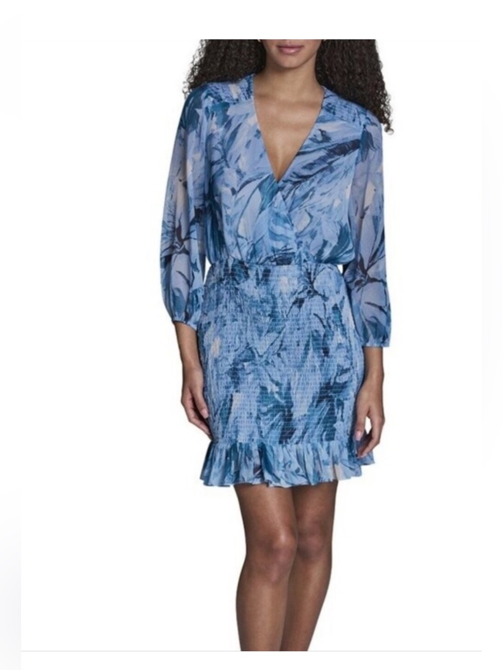 BCBG Floral Chiffon Mini Dress Women's 16 Smocked Long Sleeve Blue Printed NWT